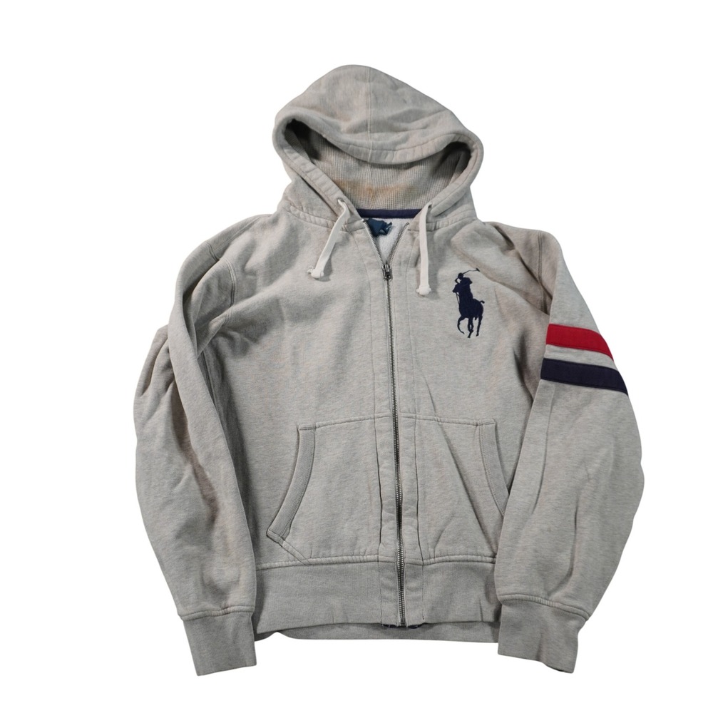 Polo Ralph Lauren Hoodie Mens Large Gray Big Pony Full Zip Sleeve Stripes Logo
